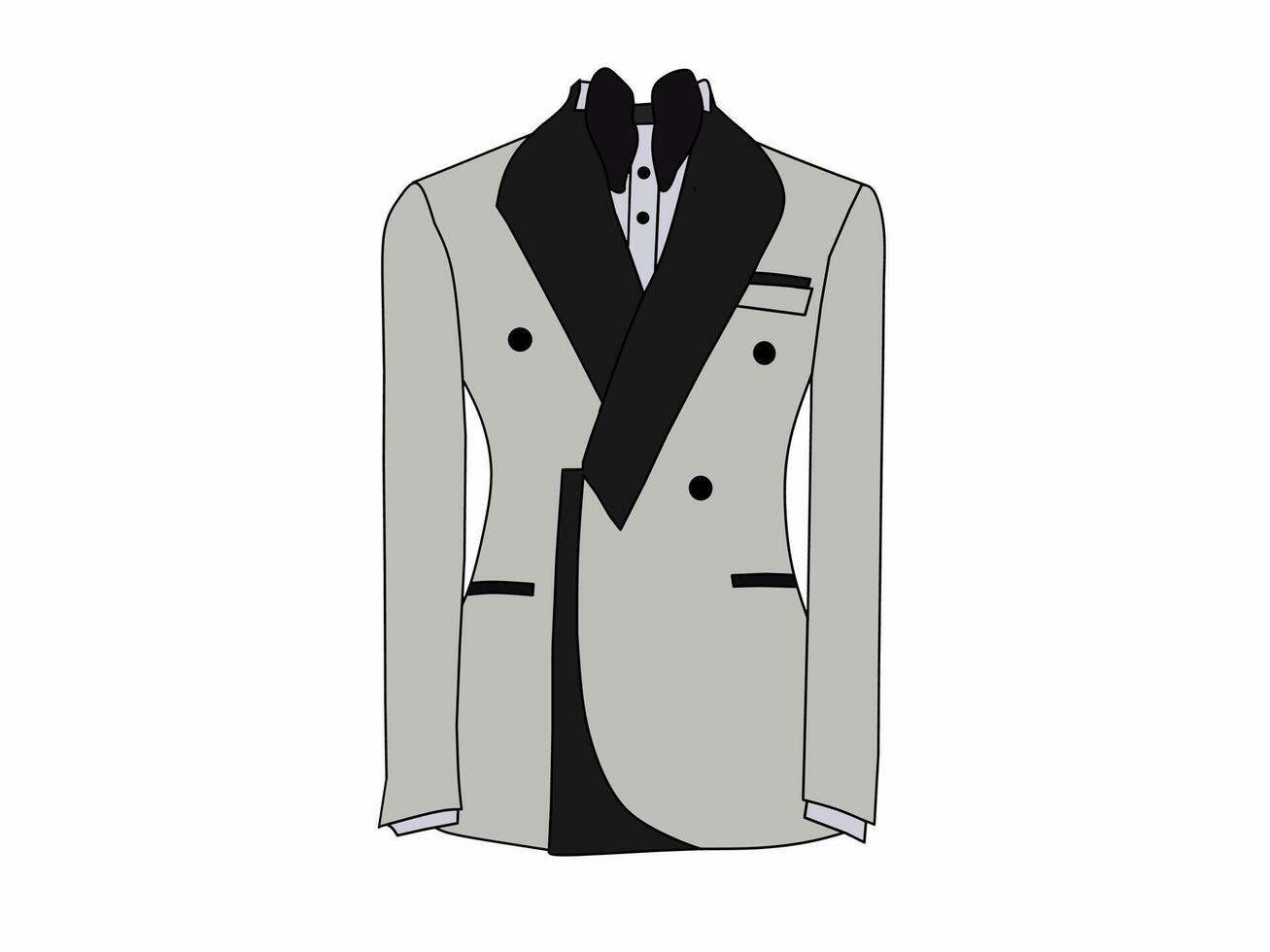 Men's tuxedo formal dress in dark gray color with black bow. Fashion theme of formal wear. vector