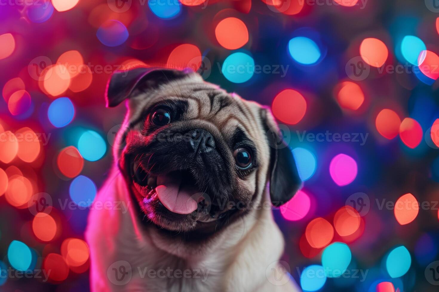 Adorable Pug Dog with Tongue Out Against Colorful Bokeh Lights Background photo
