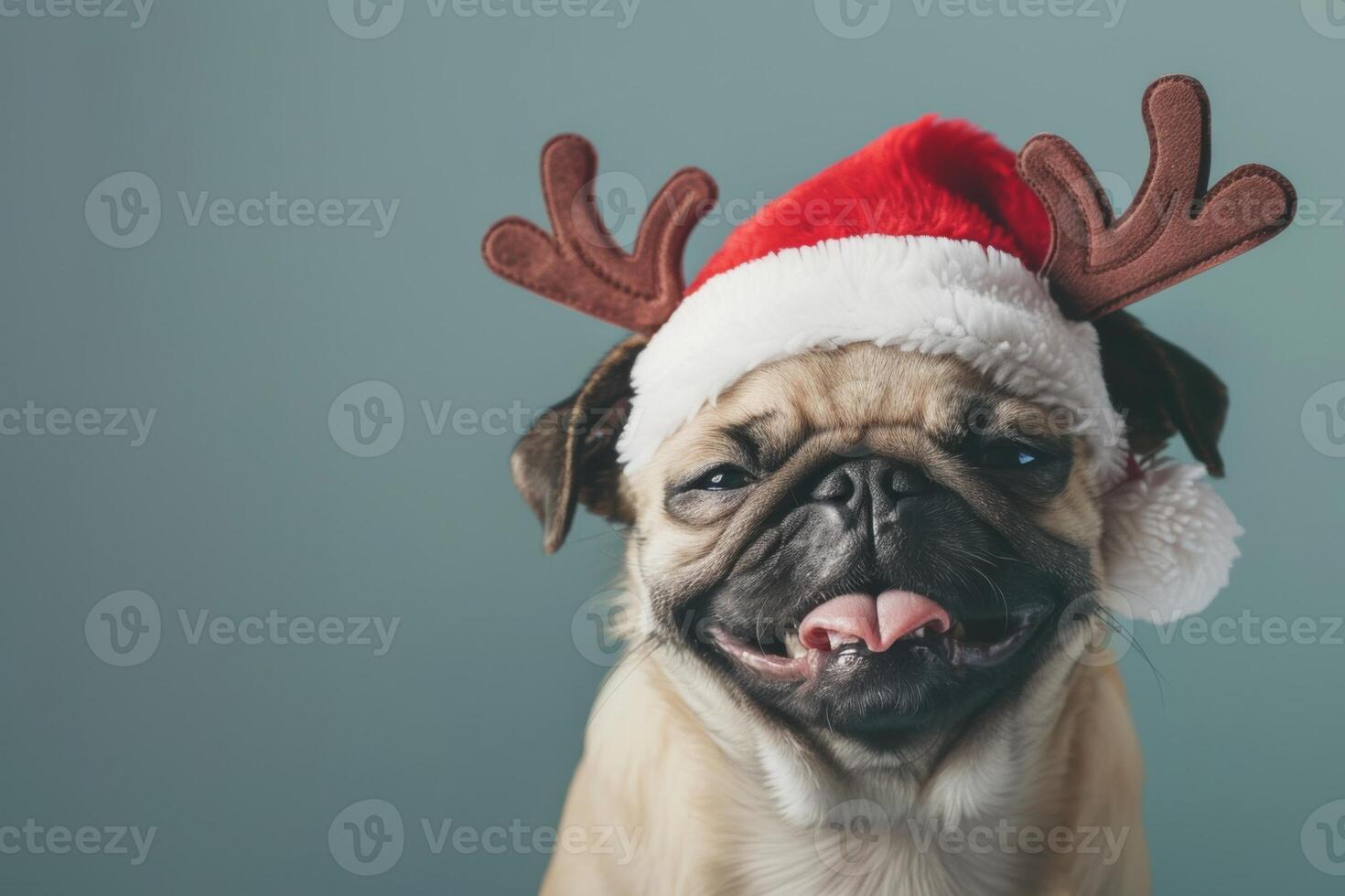 Joyful Pug Dog in Santa Hat and Reindeer Antlers Celebrating Christmas photo