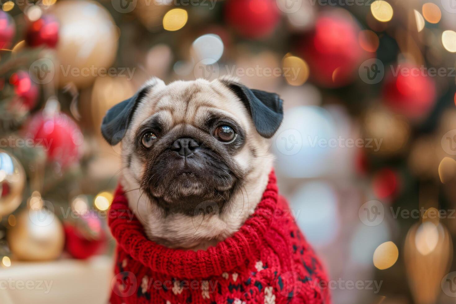 Festive Pug in Red Sweater with Christmas Blur Background photo