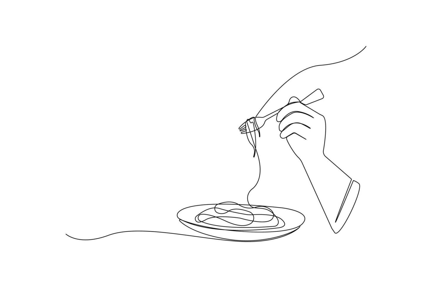 Eating noodles with fork continuous one-line art drawing vector