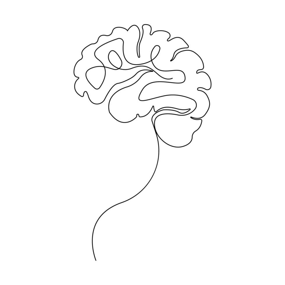 Continuous line art drawing of human brain. Hand-drawn brain illustration isolated on white background. vector