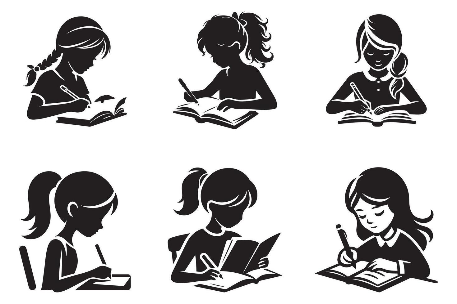 Set of girl writing and reading silhouette. Education concept logo. vector