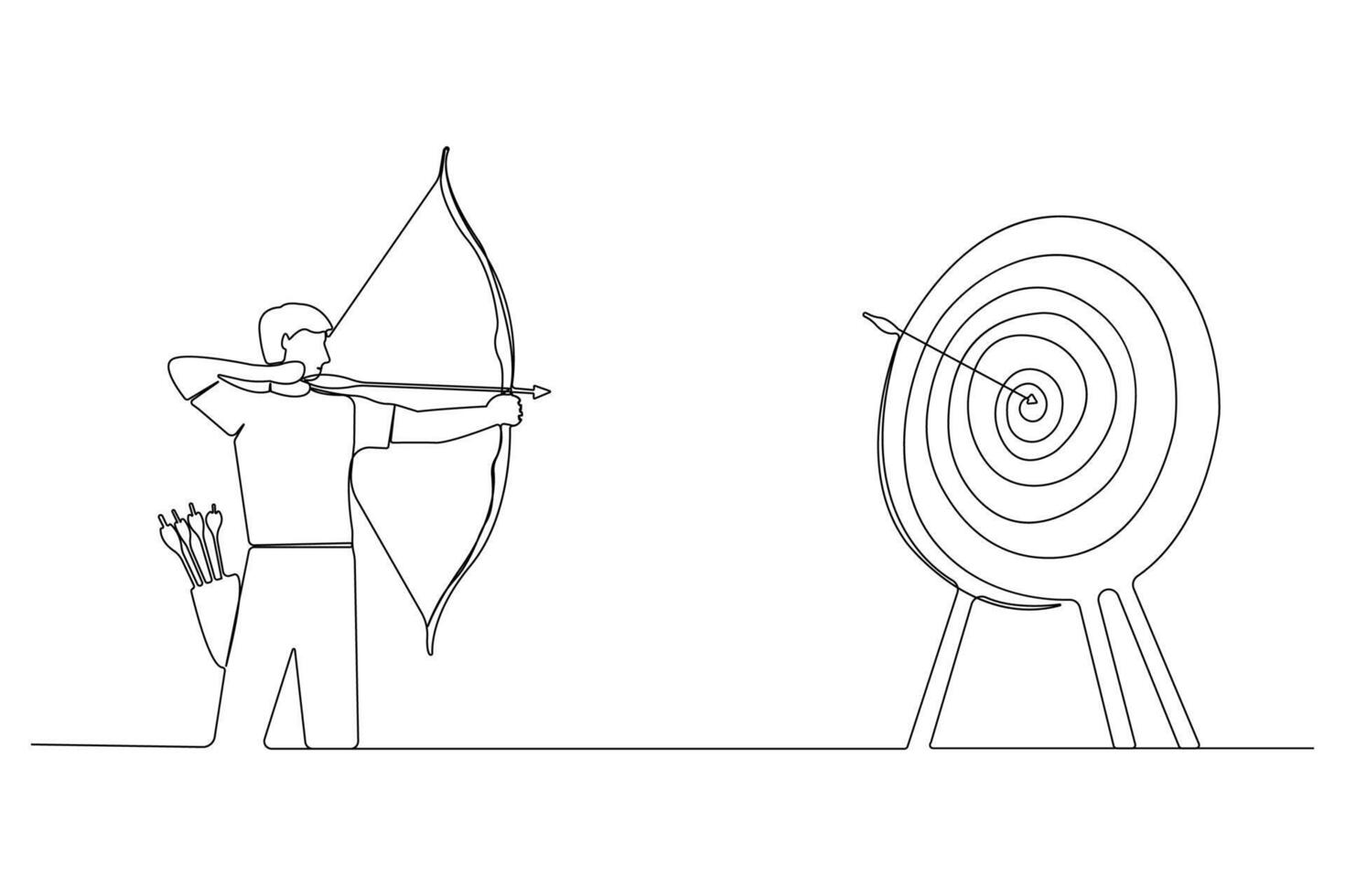 Continuous line art drawing of archer man pulling the bow to hit archery target. Archery continuous one-line art vector
