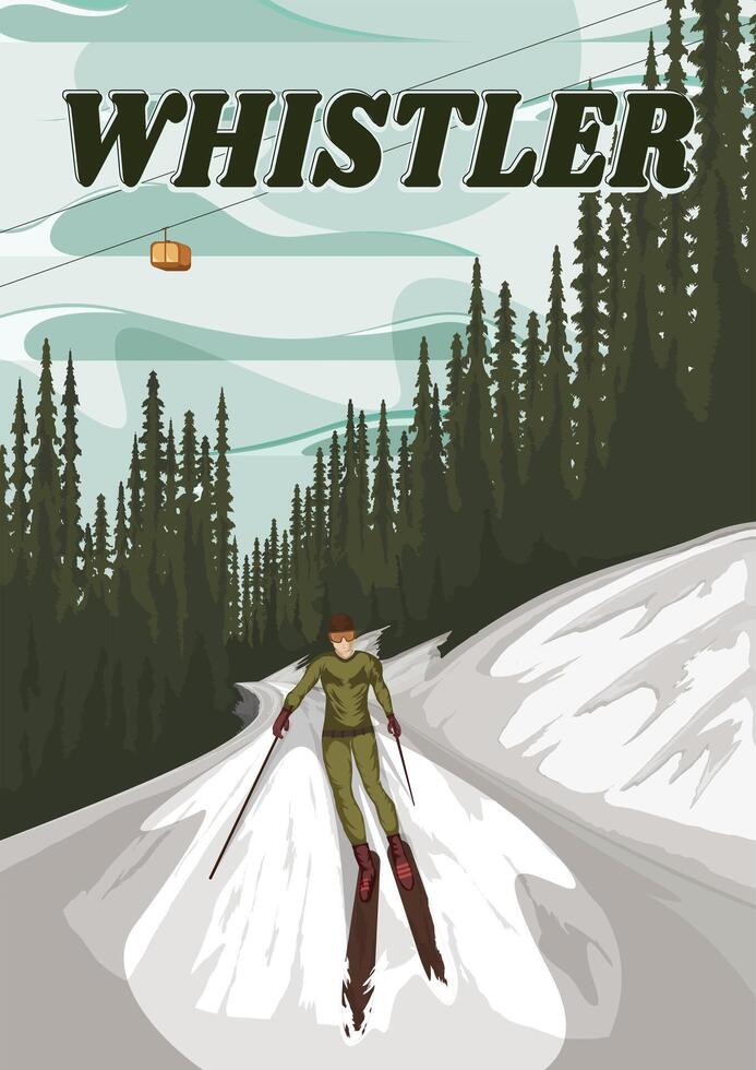 A men solo skiing in whistler mountain illustration. Snowboarding on whistler mountain Canada. Ski resort in the mountain poster design vector