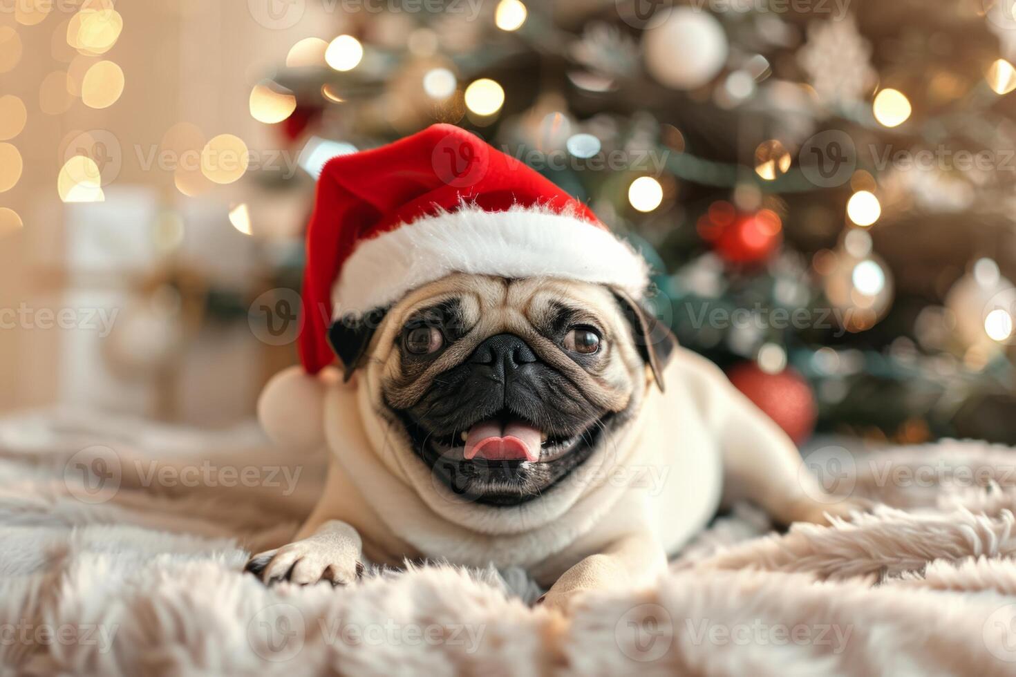 Adorable Pug in Santa Hat Celebrating Christmas by Festive Tree photo