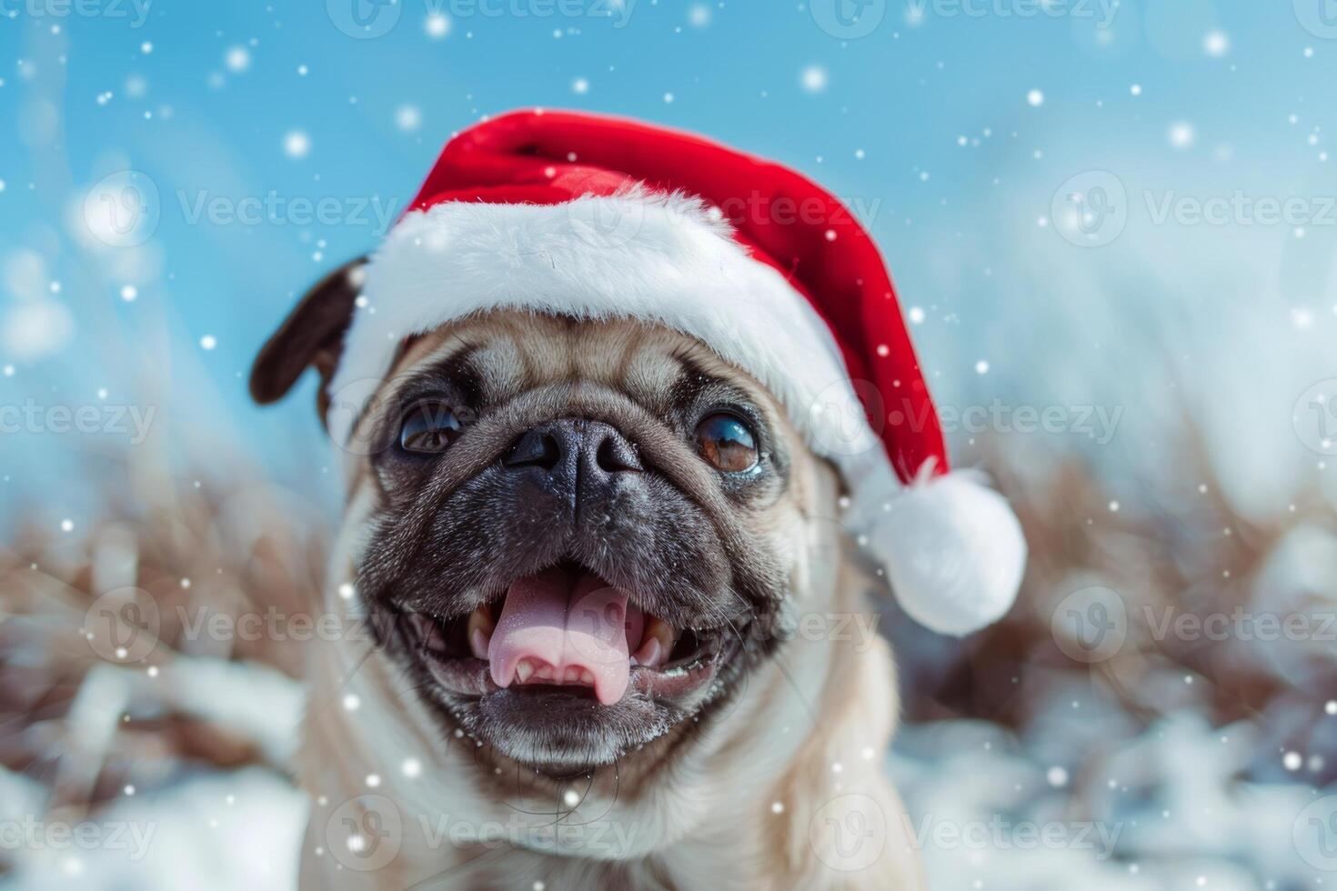 Jolly Pug in Santa Hat Enjoying Snowy Winter Season photo