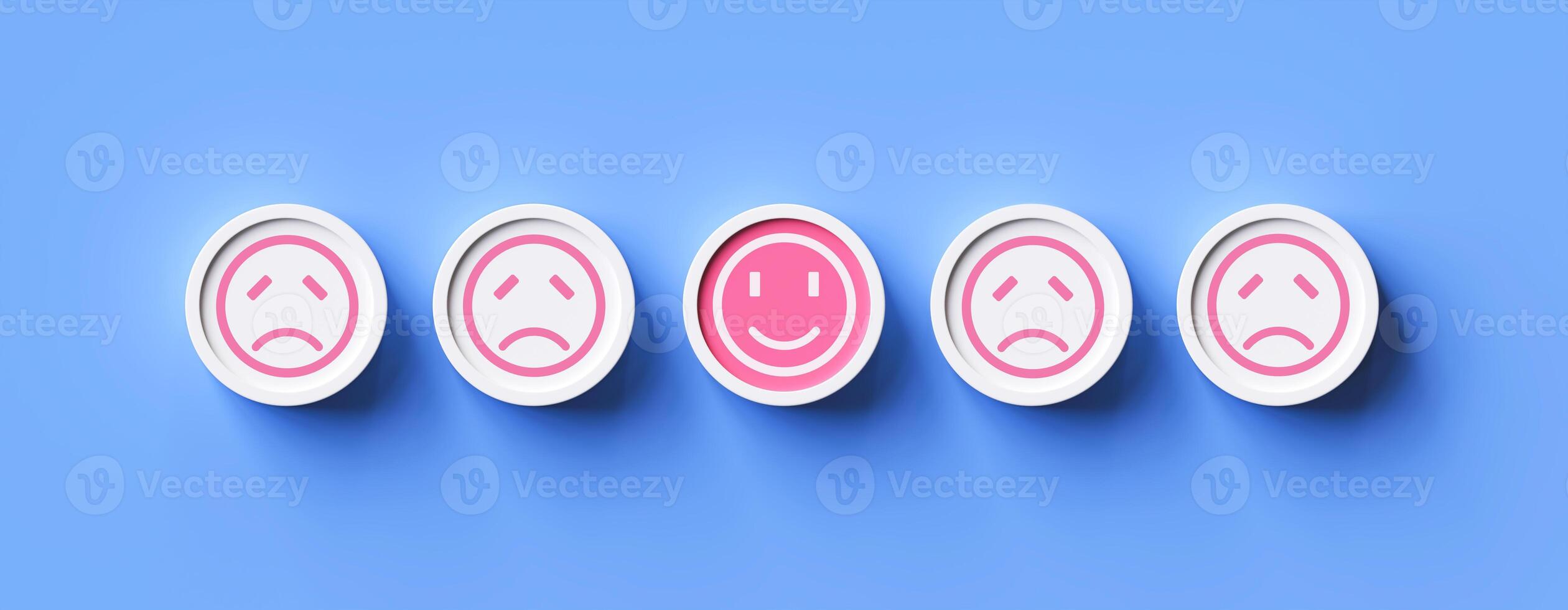 Pink smiley emoticon shows very good level of satisfaction among dissatisfied emoticons on blue background. concept of evaluating service quality and customer opinions. photo