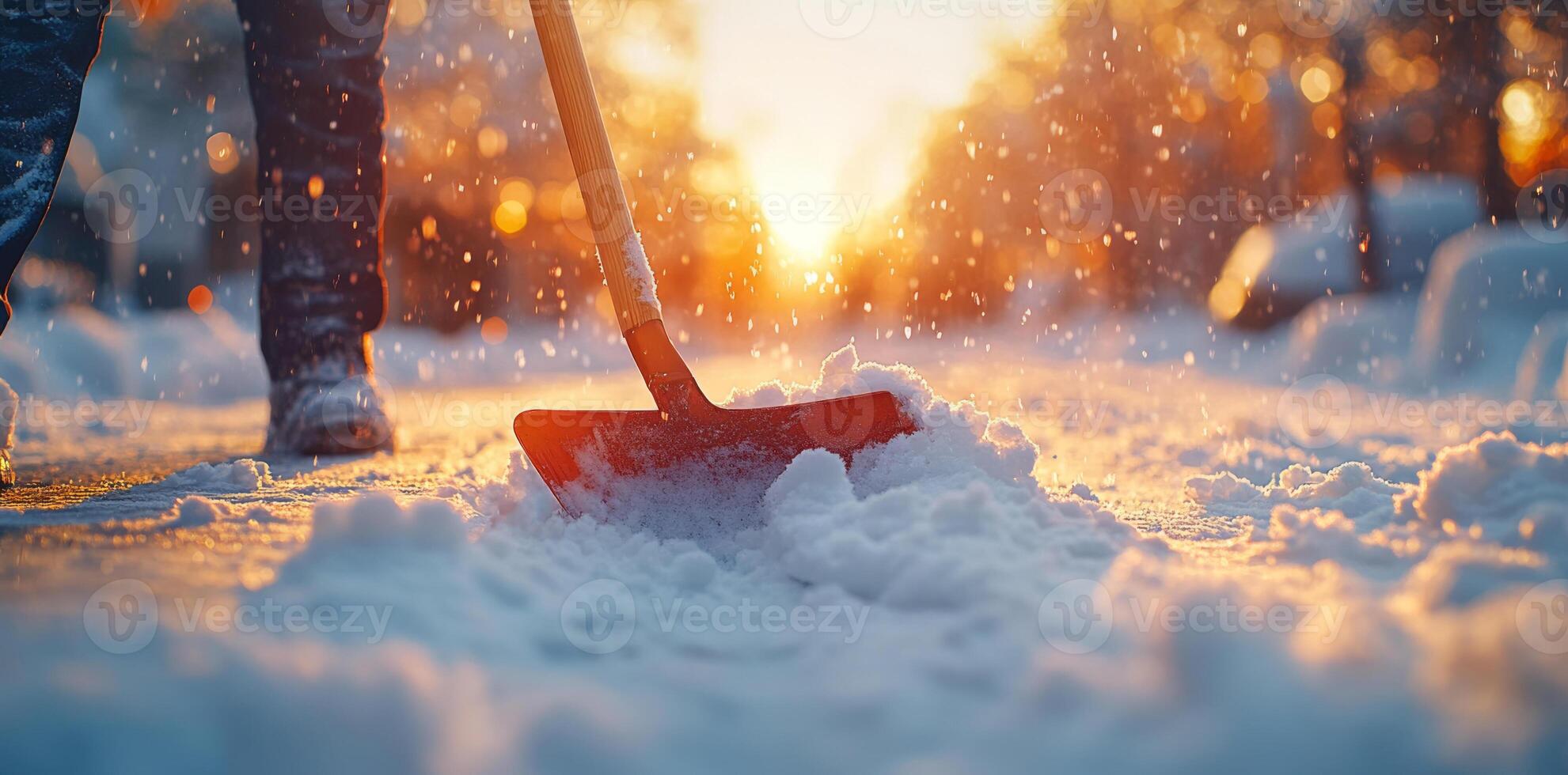Close-up of a snow shovel. A man shovels snow from the sidewalk in a winter city. A man uses a shovel. photo