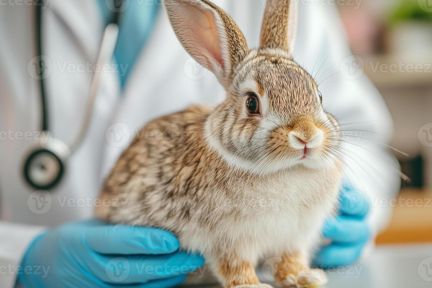 A veterinarian examines rabbits with a stethoscope in a modern veterinary clinic. The doctor takes care of the pet. photo