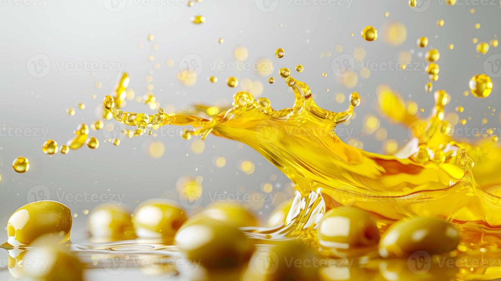 Drizzle with olive oil. Green olives in cold pressed oil. Extra virgin olive oil. photo