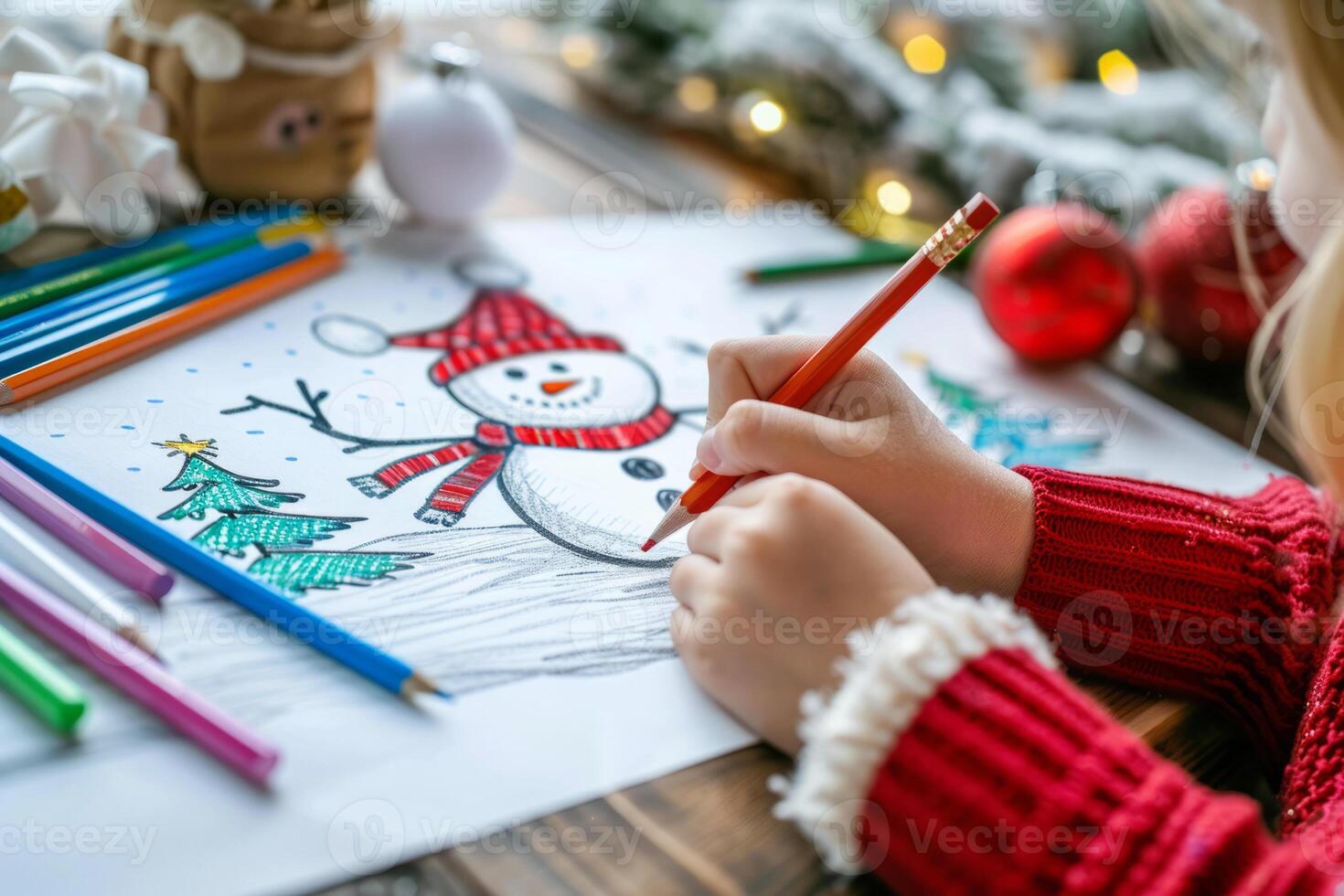 A girl draws a snowman on a white piece of paper. The Concept Of The New Year. Christmas mood. photo