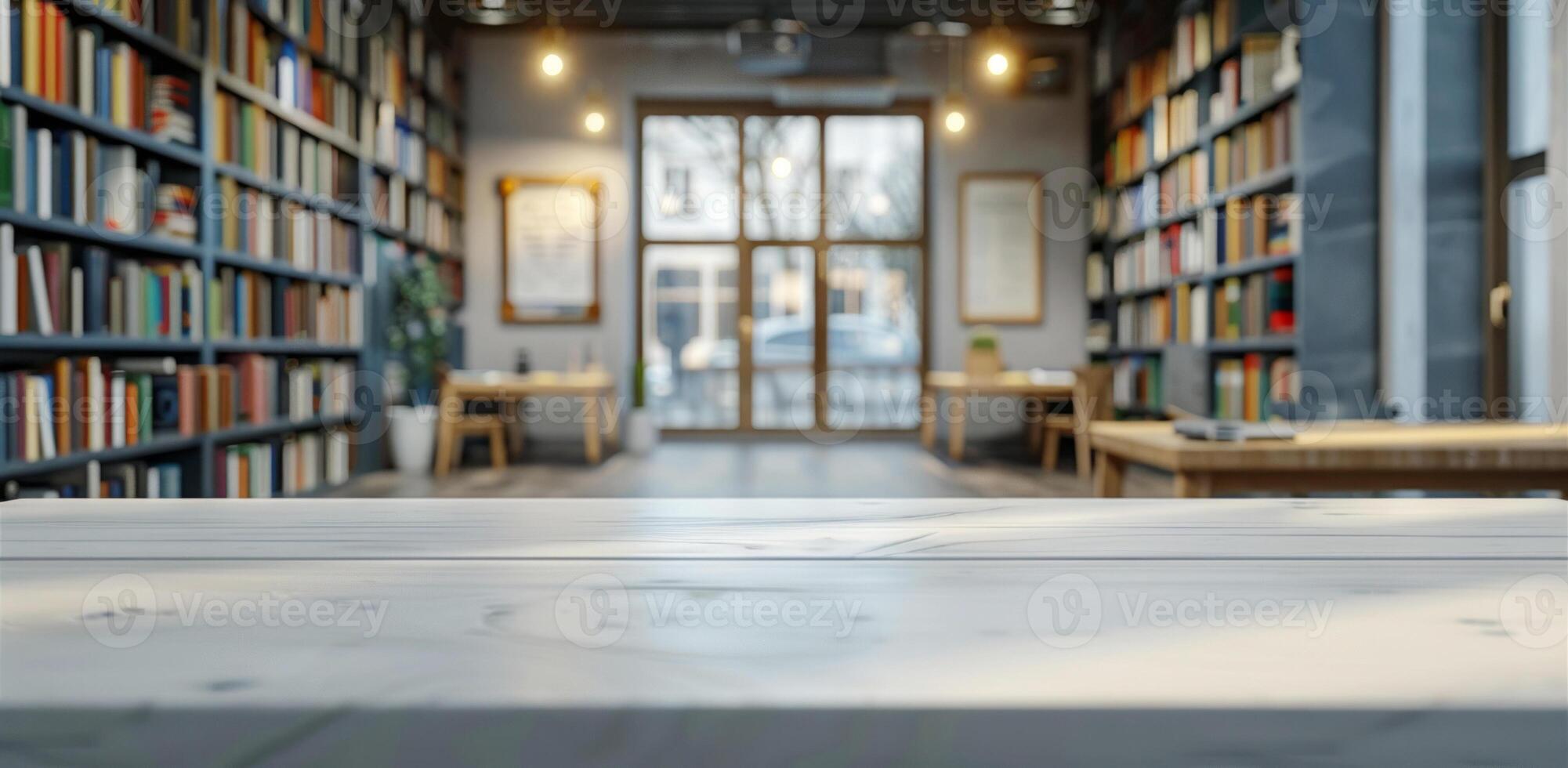 A blurred background with books and a wooden countertop. An empty wooden table against the background of a modern library. photo
