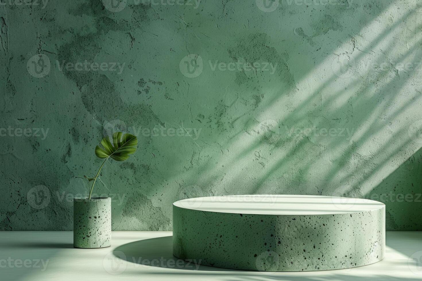 A podium on a green background for a product presentation. The layout of the stand for the product presentation. A minimal concept. photo