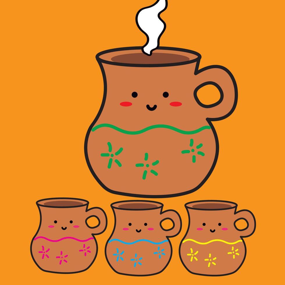 Collection of coffee jugs and cups mexican food flat hand drawn vector