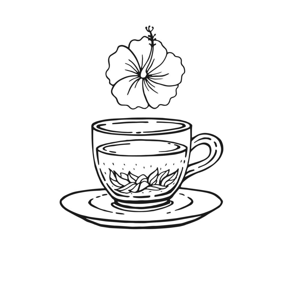 Glass cup of tea, hibiscus. Hand drawn illustration in outline style. vector