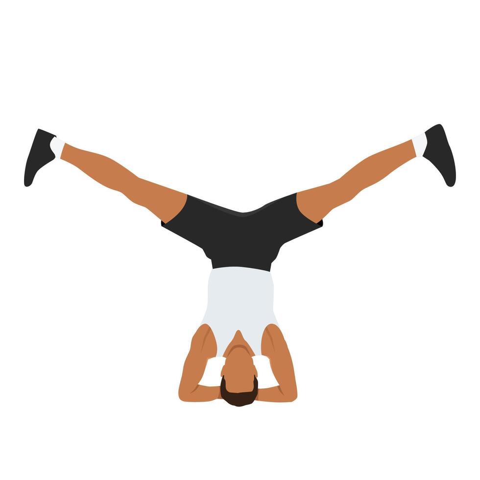 Young man doing yoga in headstand position. vector