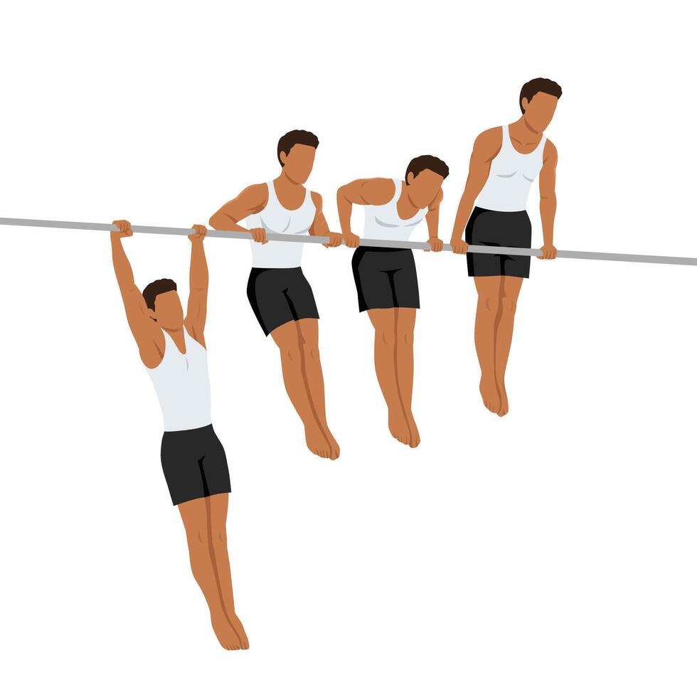 Young man doing 4 steps of Muscle up on bar calisthenics movement. vector