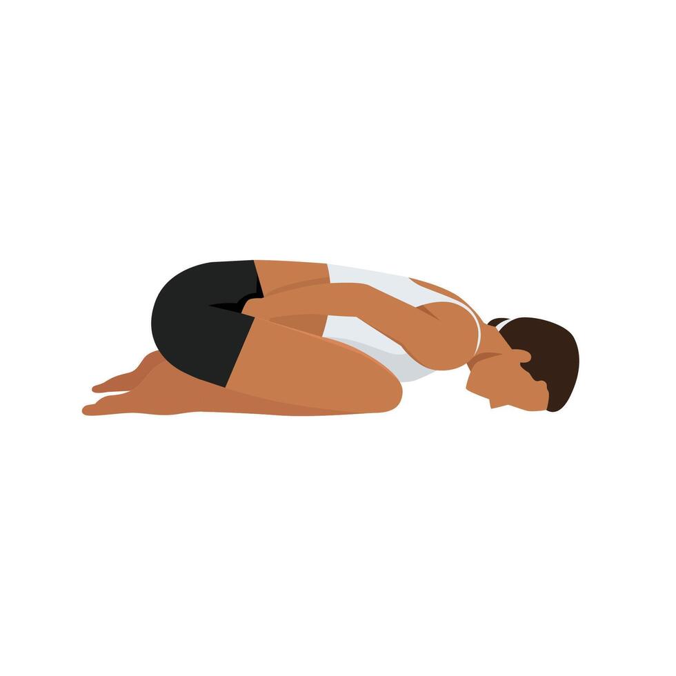 Young woman doing Frog Pose Head Floor or Mandukasana Sirsa Floor. vector