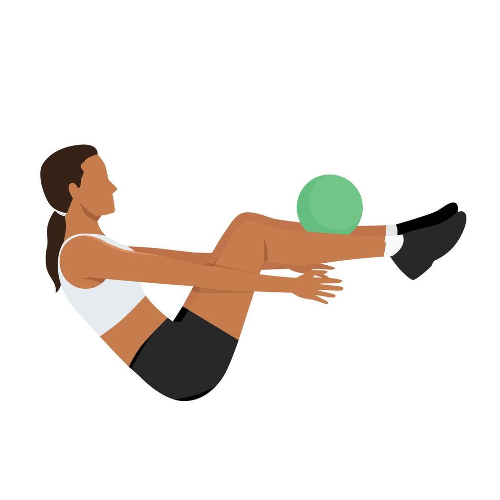 Young woman doing Medicine ball boat balance. vector