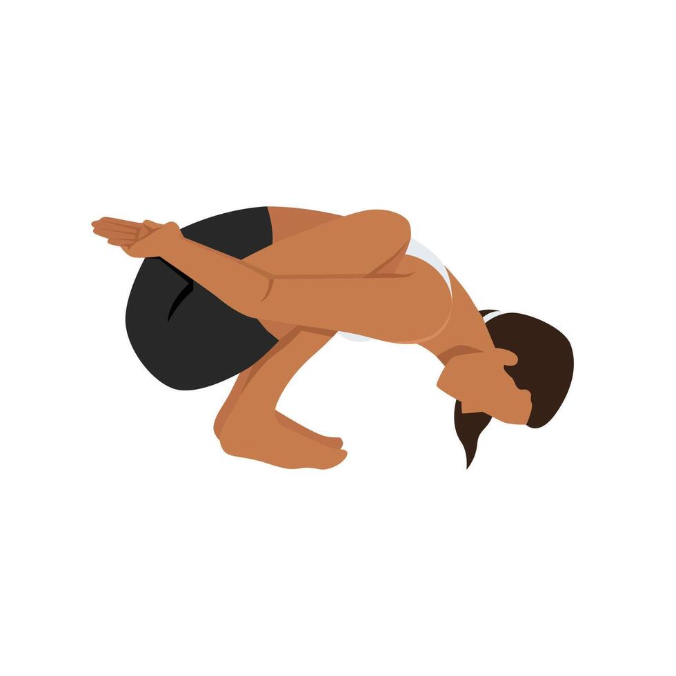 Young woman doing Bound Garland Pose Forward Bend or Baddha Malasana Forward Bend yoga exercise. vector