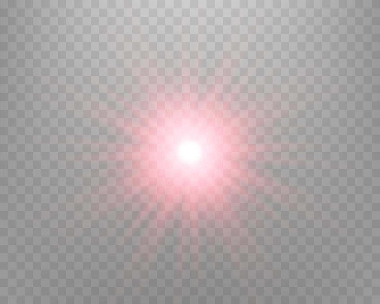 Red sunlight lens flare, sun flash with rays and spotlight. Glowing burst explosion vector