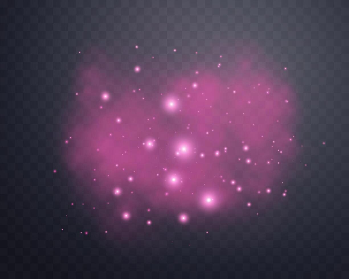 Pink glittering dots, particles, stars magic sparks with smoke. Glow flare light effect. Pink luminous points. vector