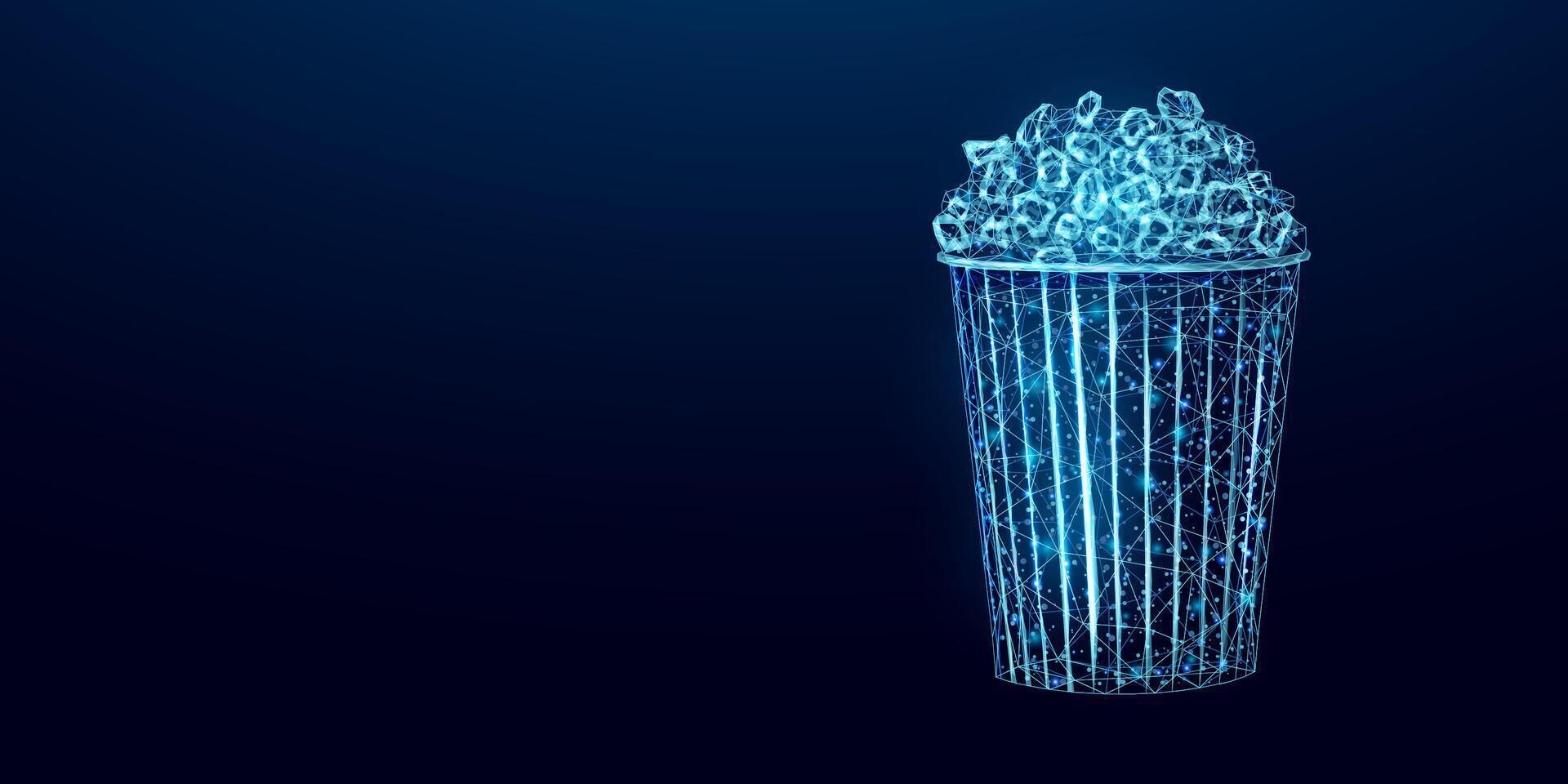 Pop corn wireframe. Movie night poster template with glowing low poly tasty snack. Futuristic modern abstract. vector