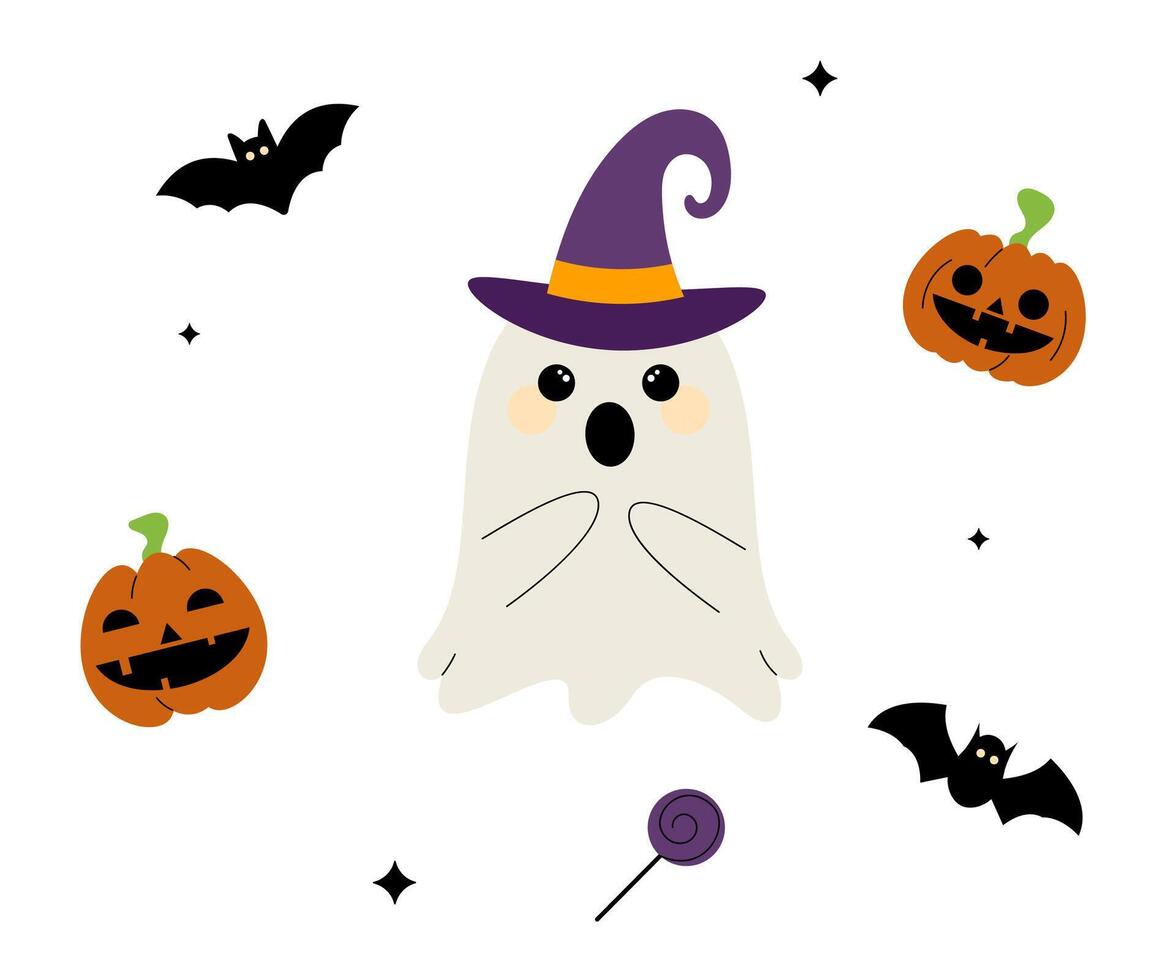 Cute spook character. Set of halloween elements. Illustration for design, scrapbooking, sticker, card, poster. vector