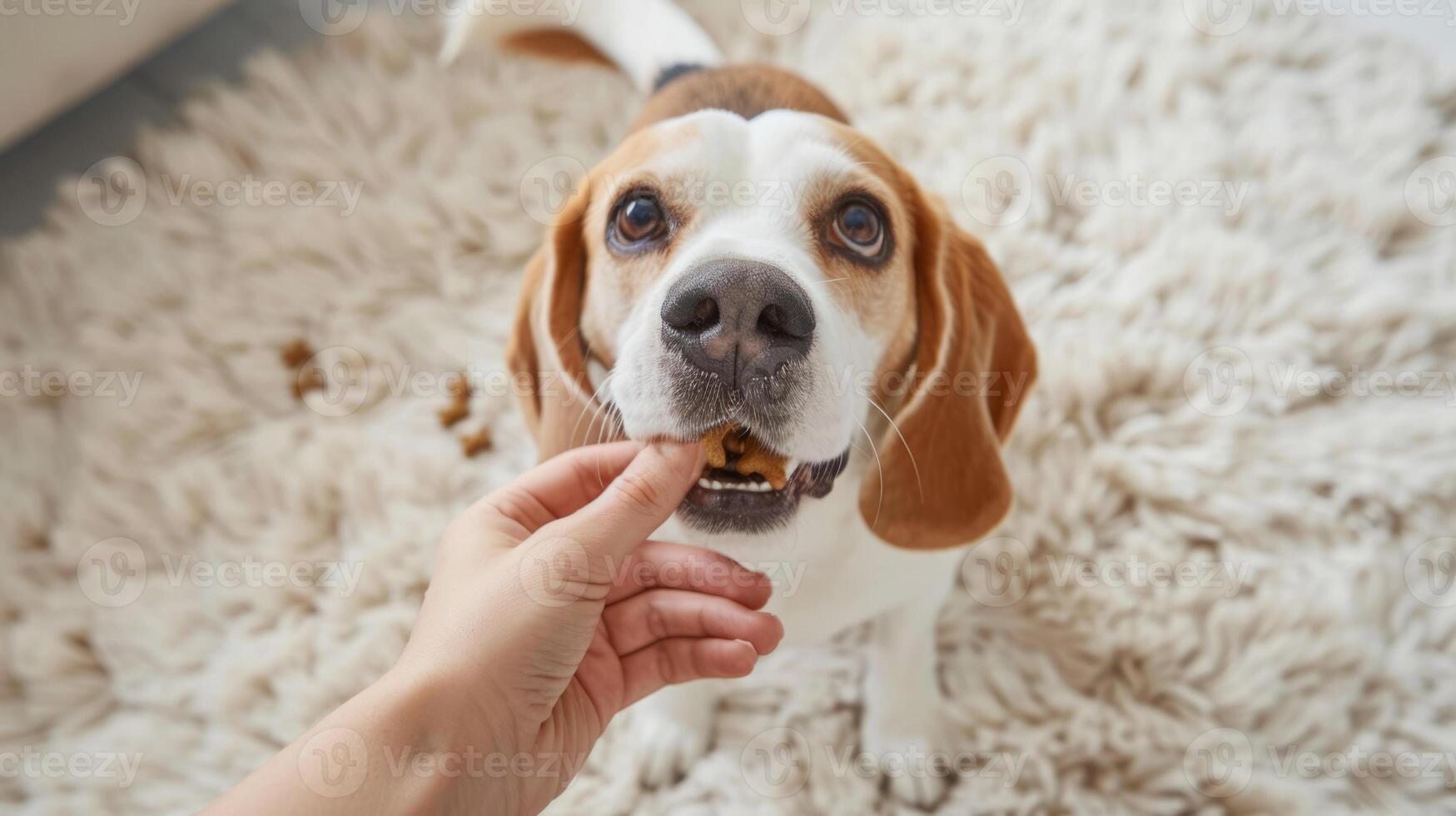 A young woman trains a beagle dog at home. A man feeding a beagle. A treat from the hands of a woman at home. photo
