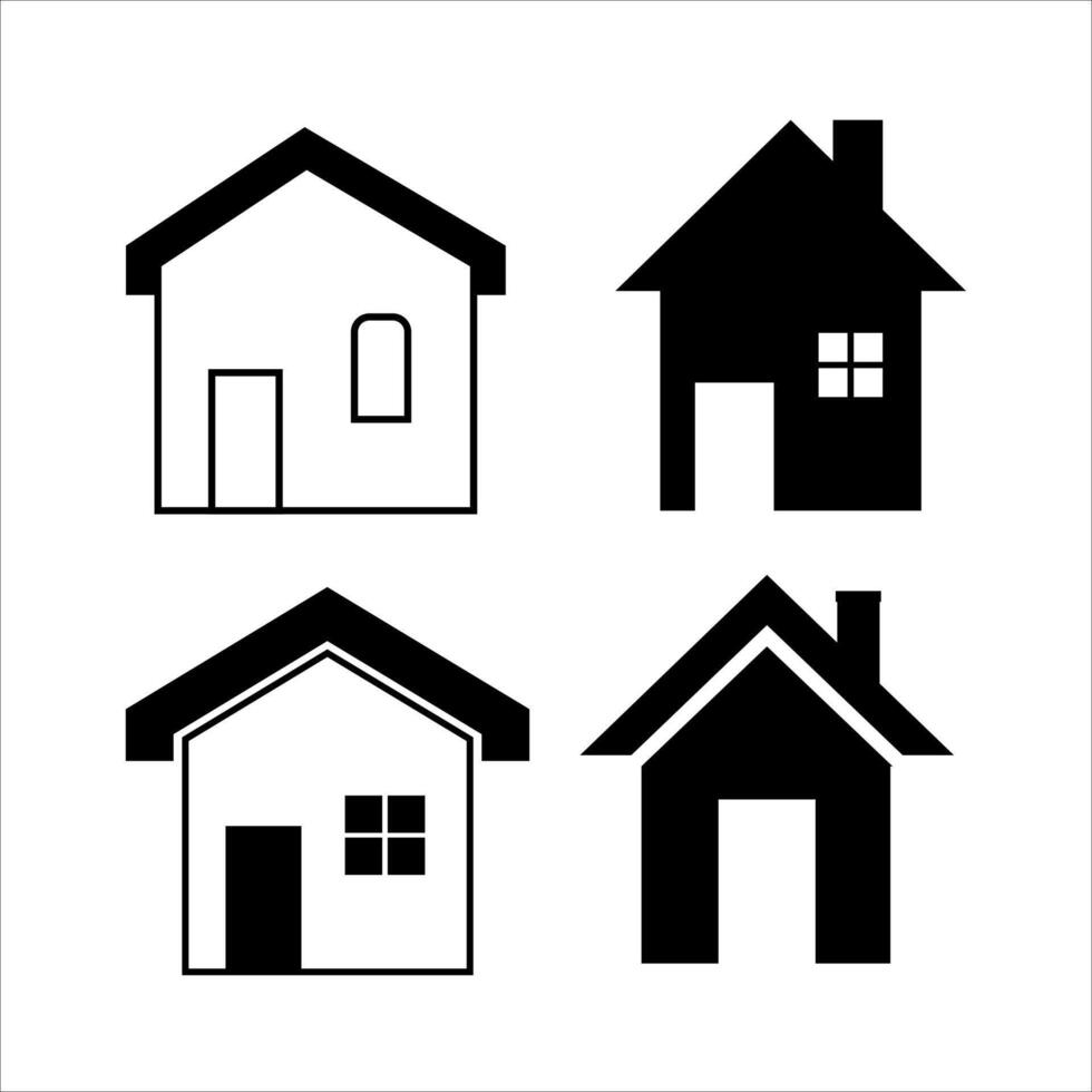 set of four house icons with different shapes, black and white vector