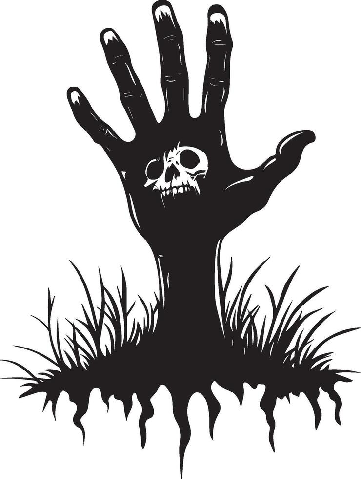 Halloween zombie hand coming out of the ground linear black vector