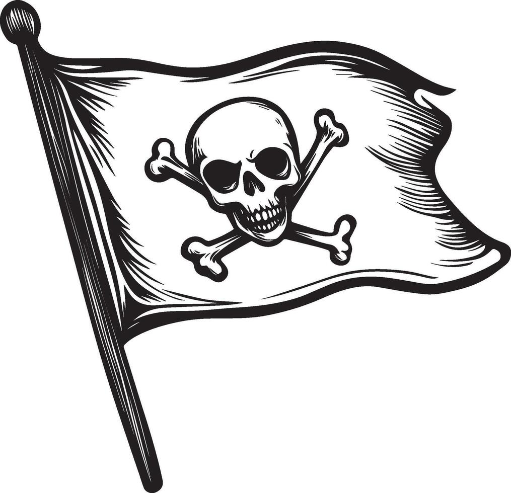 Waving Pirate flag of skull and crossbones linear black vector