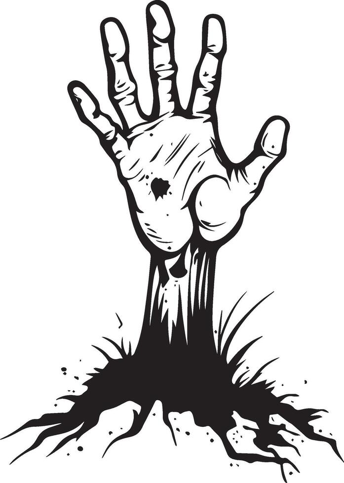 Zombie hand coming out of the ground linear black vector