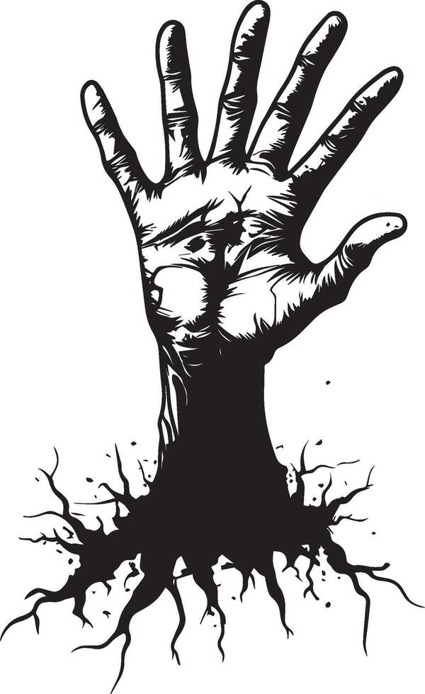 Halloween zombie hand coming out of the ground linear black vector