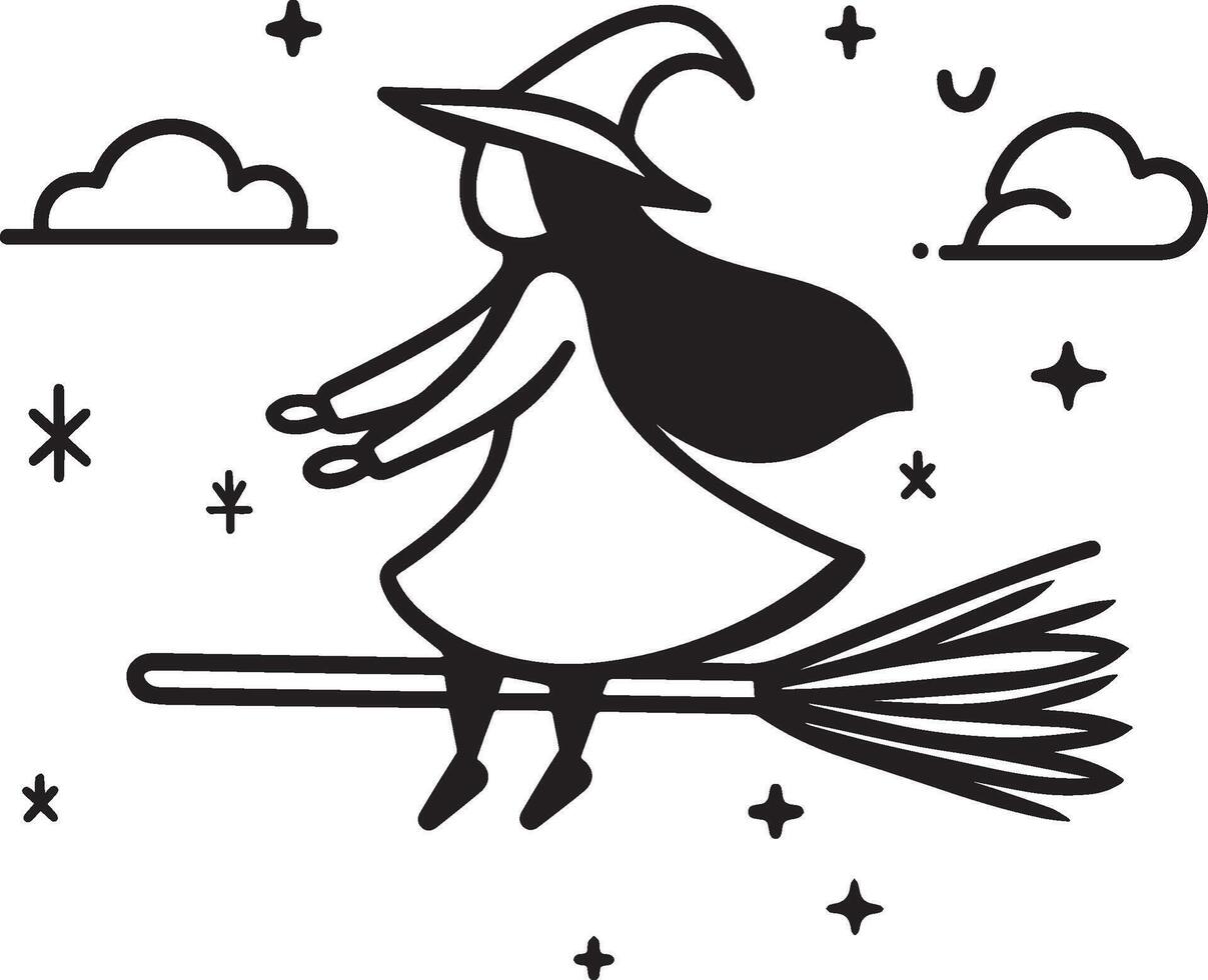 Flying witch linear black vector