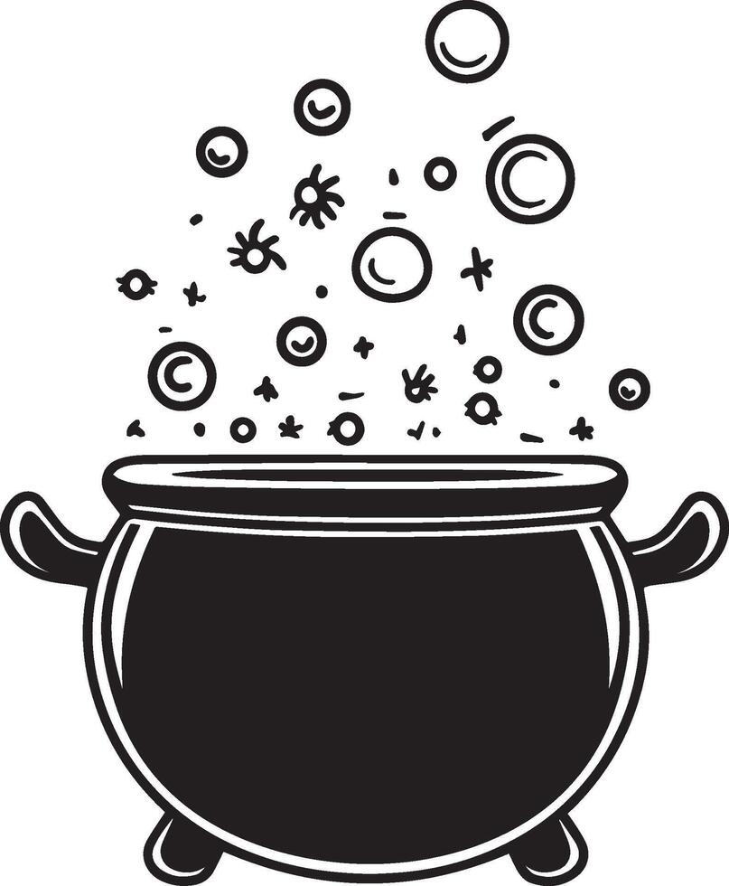 Cauldron with bubbles, halloween linear black vector