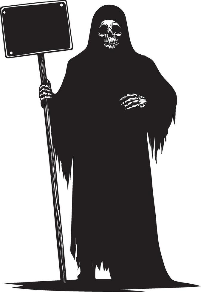 Grim Reaper holding sign board linear black vector