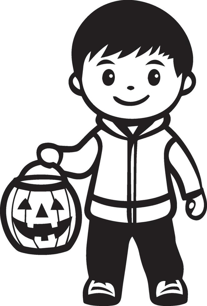 Little kid wearing Pumpkin costume holding jack o lantern bucket clean simple black vector
