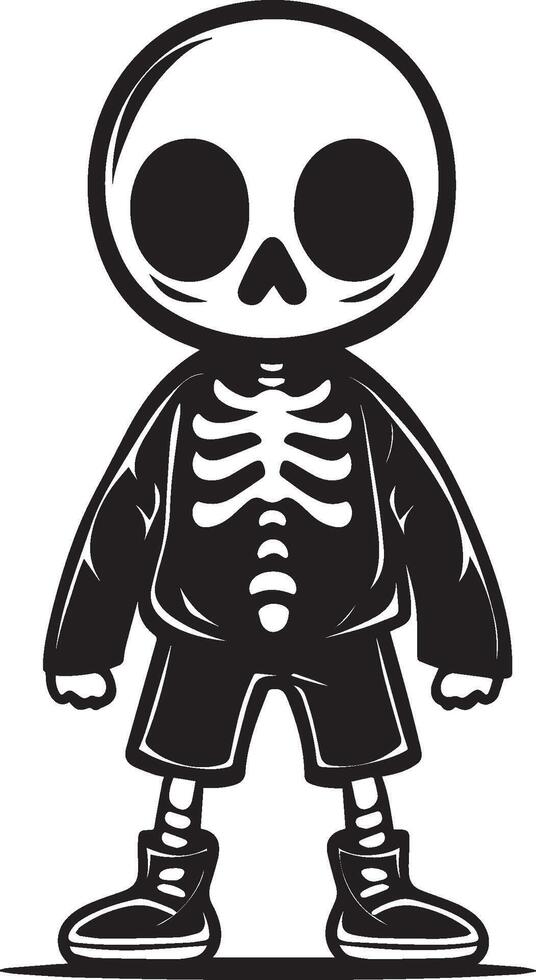 Little kid wearing Skeleton suit costume linear black vector