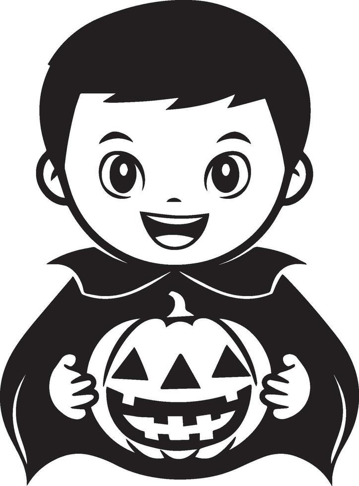 Little kid wearing Vampire costume holding jack o lantern linear black vector