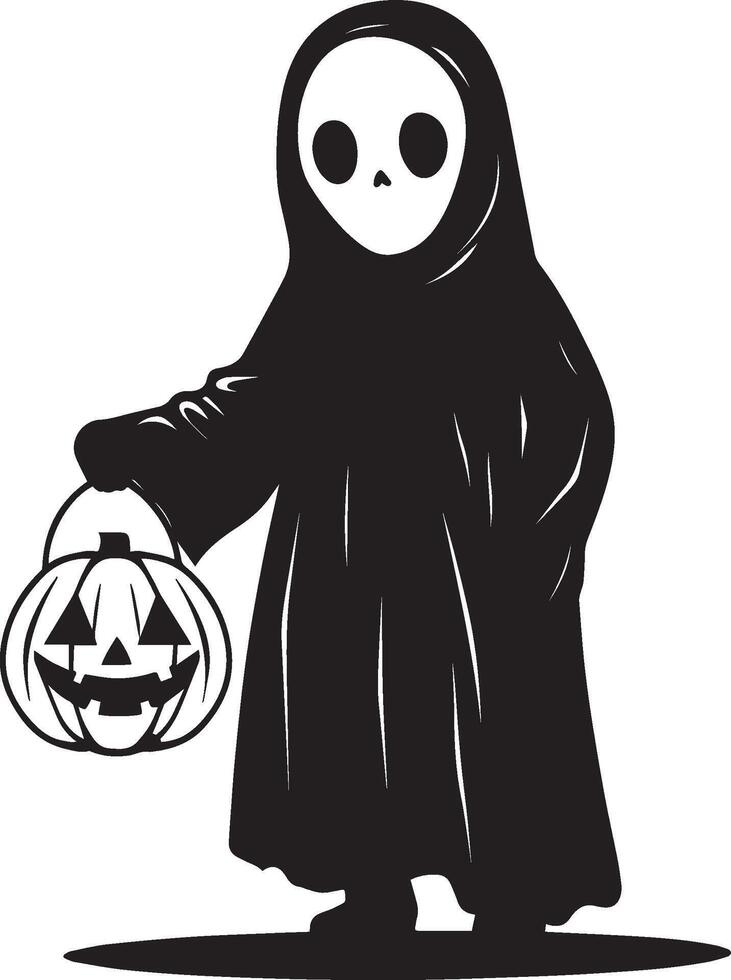 Little kid wearing Ghost sheet costume holding jack o lantern silhouette black vector