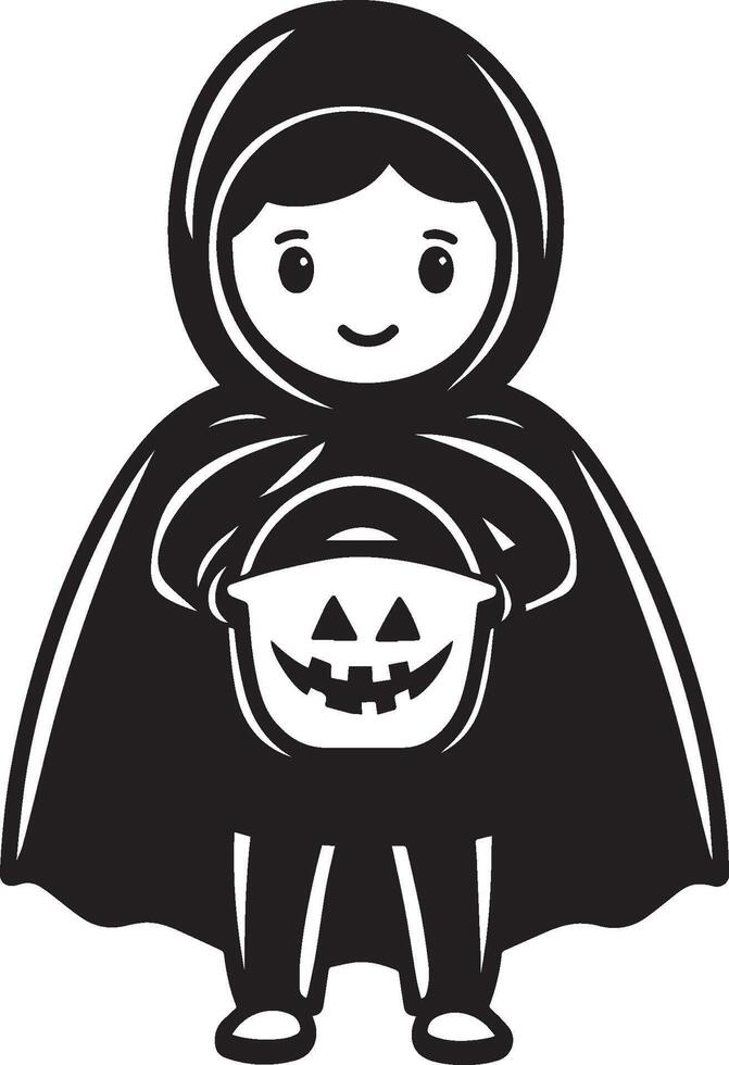 Little kid wearing Cloaks and cape costume holding jack o lantern bucket clean simple black vector