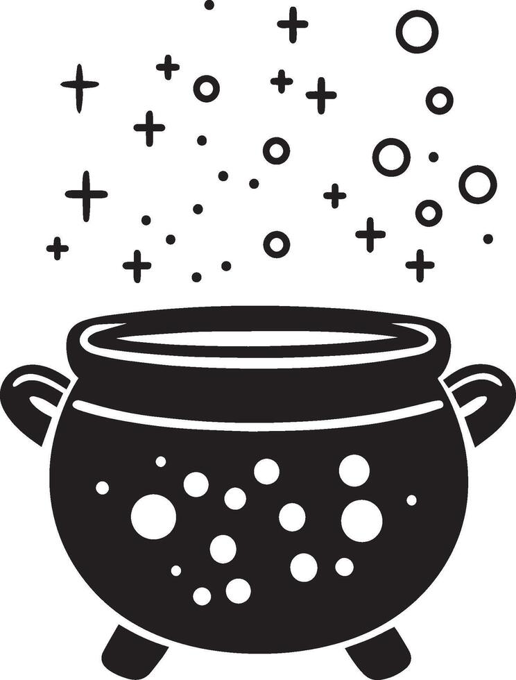 Cauldron with bubbles, halloween linear black vector