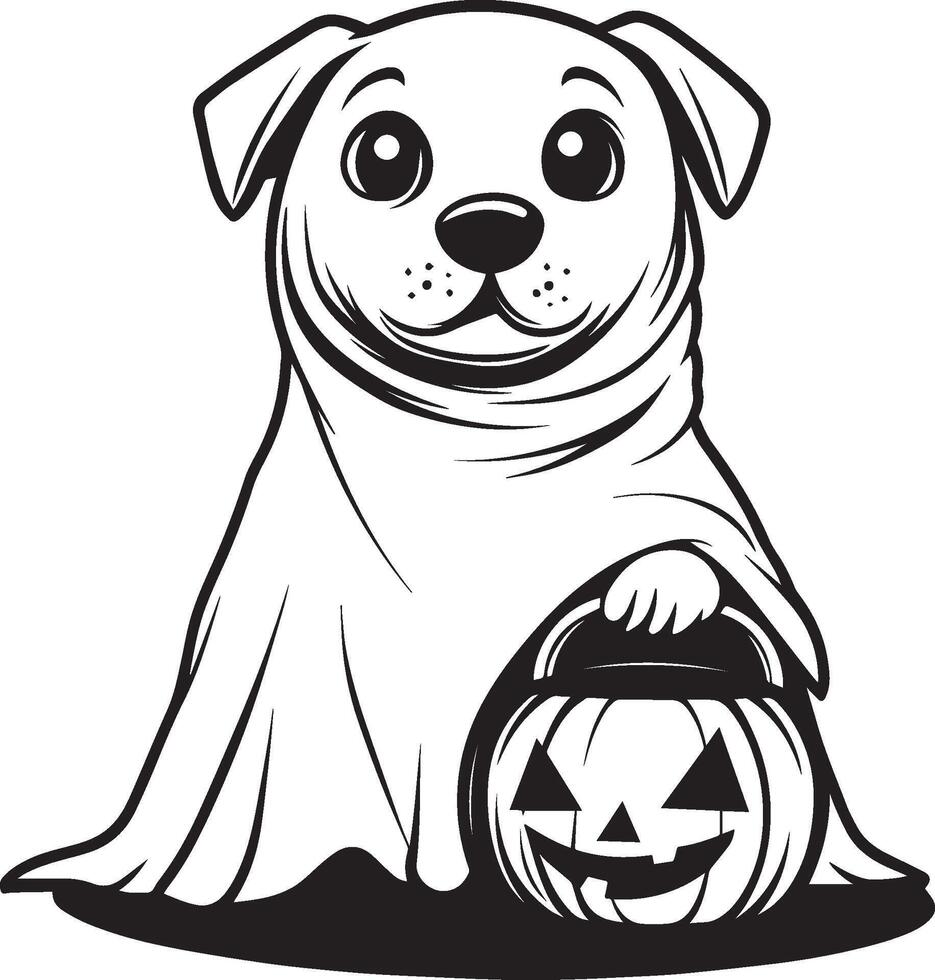 vCartoon Halloween Dog wearing ghost sheet holding jack o lantern bucket linear black vector