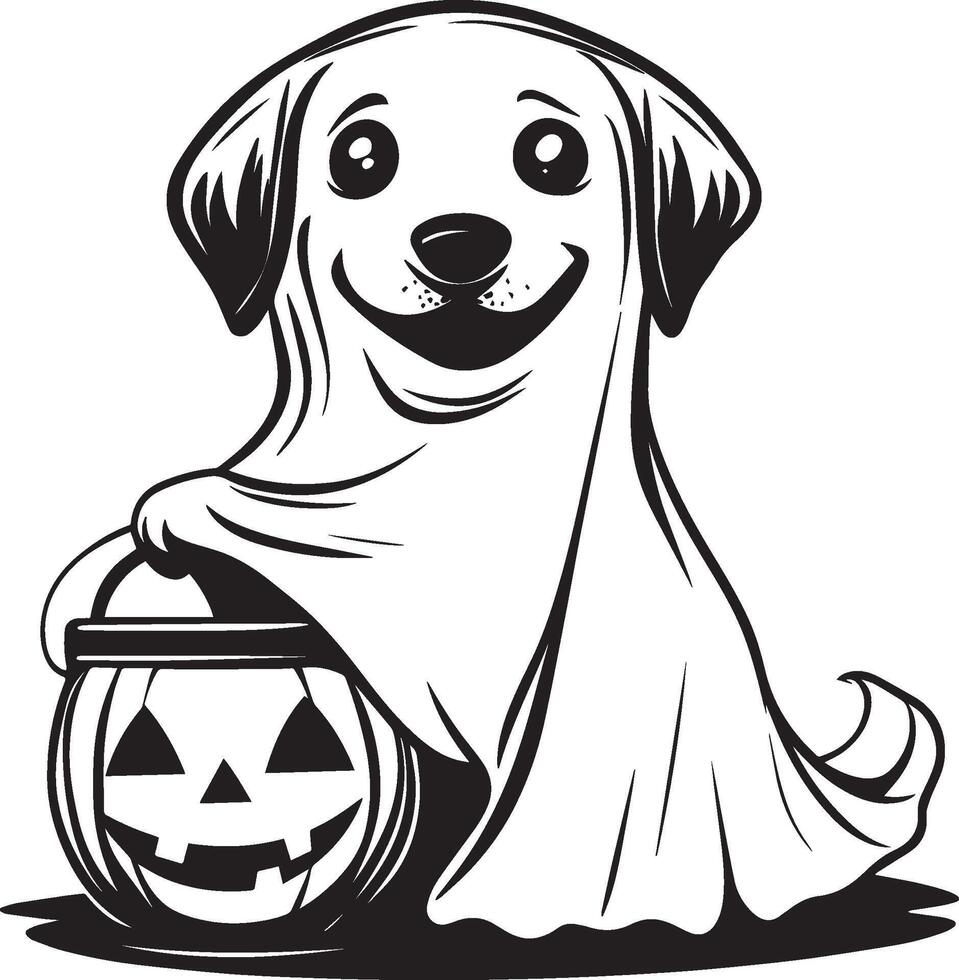 Halloween Dog wearing ghost sheet holding jack o lantern bucket clean simple black vector