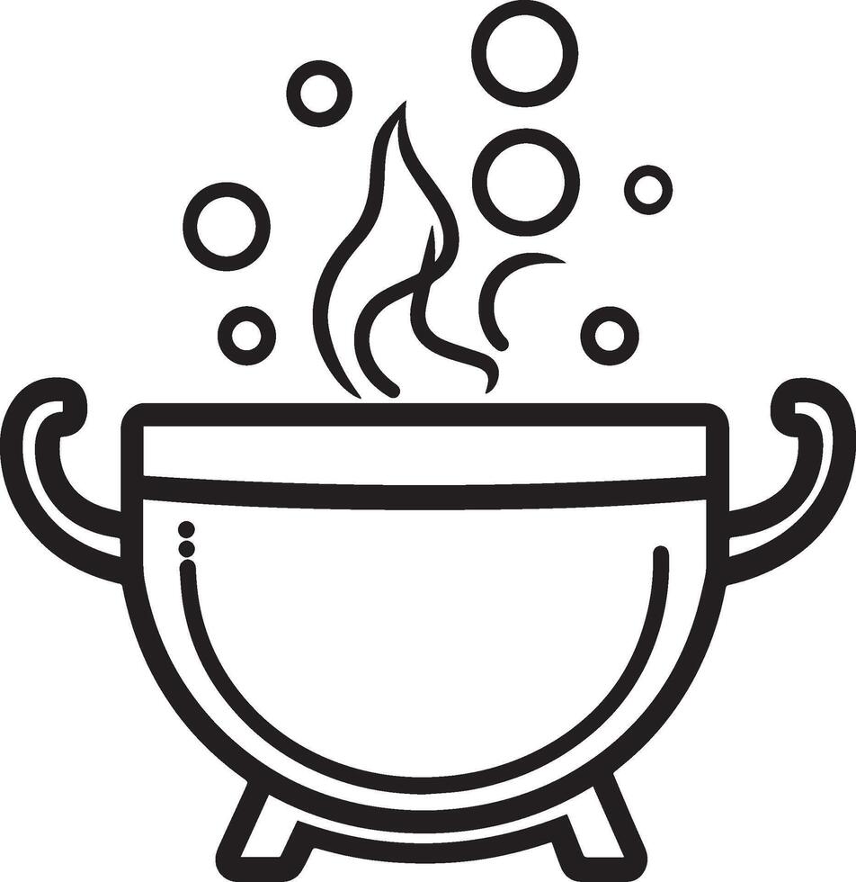 Cauldron with bubbles, halloween linear black vector
