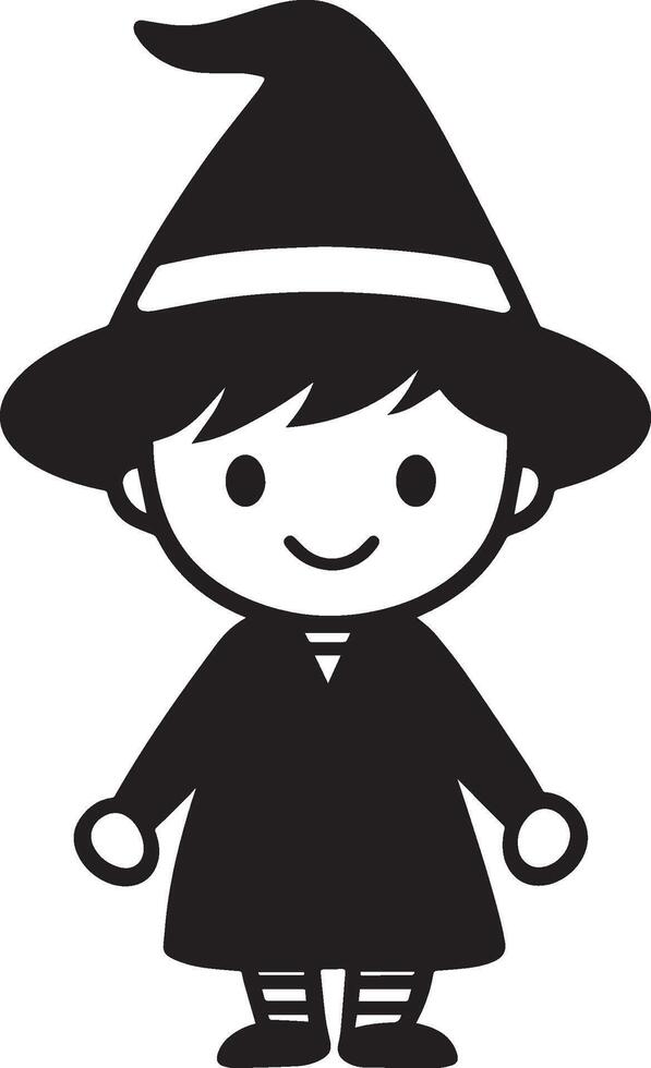 Little kid wearing witch costume linear black vector
