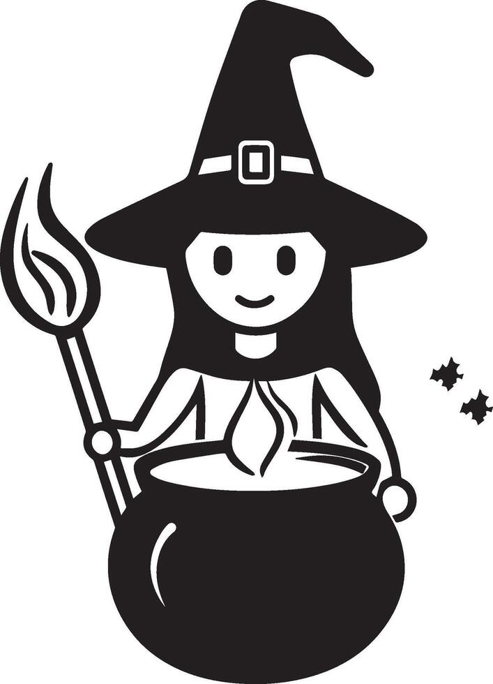 Witch with cauldron, halloween linear black vector