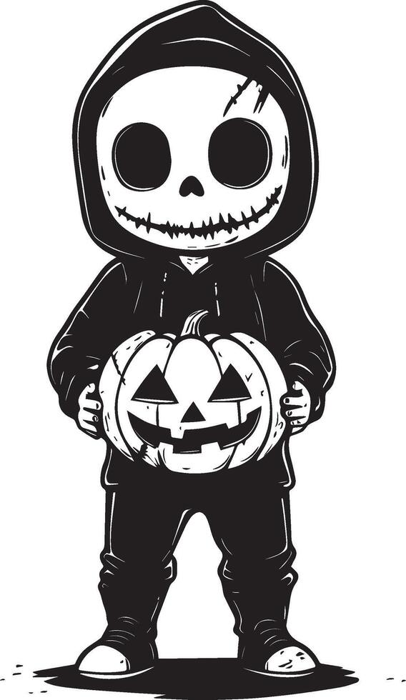 Little kid wearing Zombie costume holding jack o lantern clean simple black vector